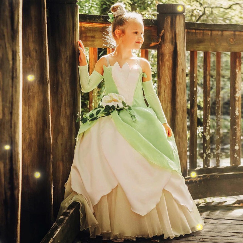 Frog Princess -puku lapsille tytöille Tiana -elokuva cosplay -karnevaali pukeutuu prinsessaroolipelien mekkoihin