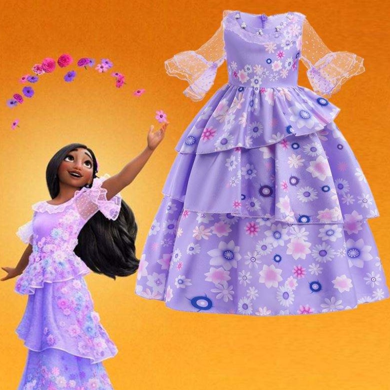 Hot Sale Kids Encanto -elokuvien puku Isabella cosplay Purple Floral Girls Silk Maxi Long mekko