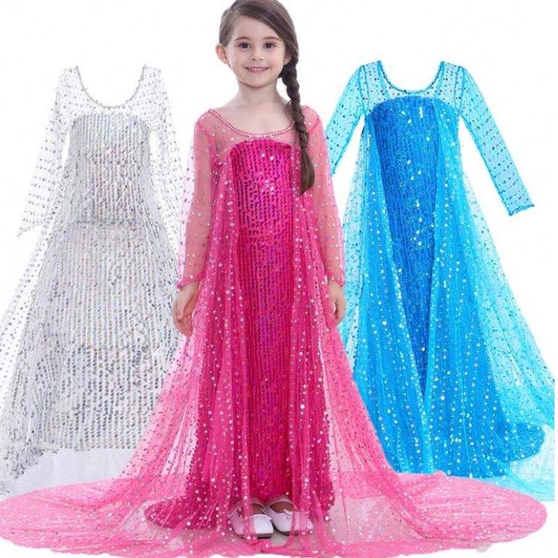 Elsa Dress Kids Girls Cusume Snow Queen 2 Elsa Blue Pink Paljastettu pitkähihainen mekko TV&Elokuvapukut tytöille