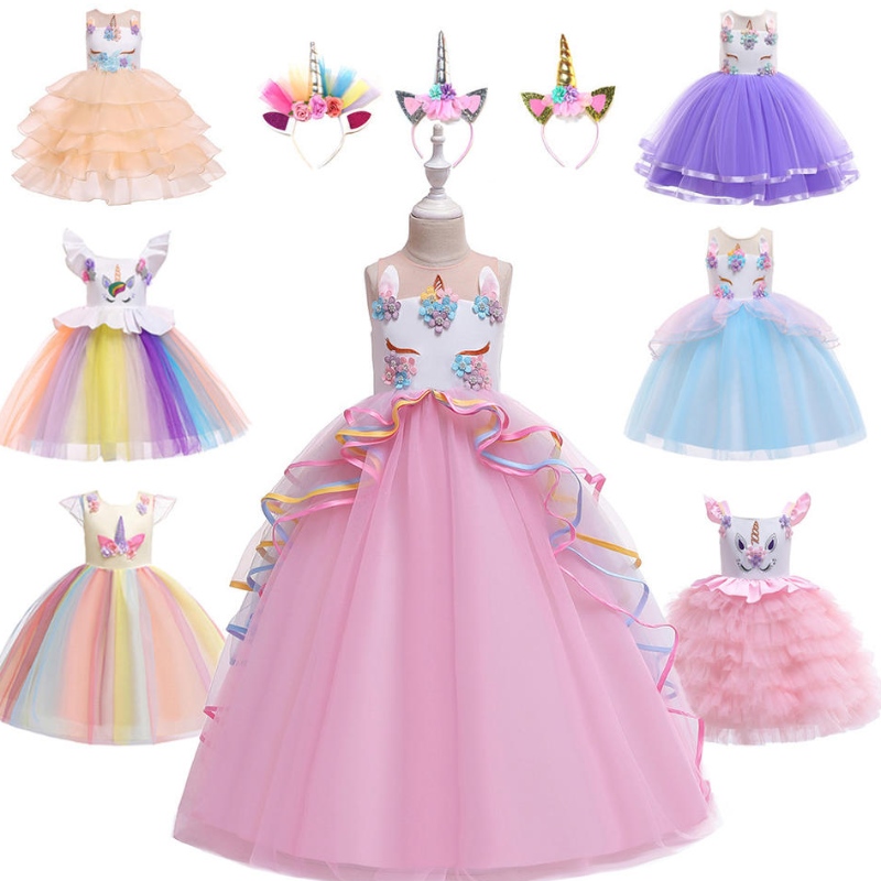 Kuuma myynti Kaunis prinsessa Lapset Vaatteet Vältä syntymäpäiväjuhlat Yksisarvinen sarvi paljetti tutu tyttömekko pienille tytöille