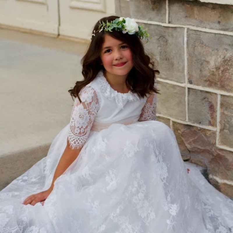 Pitkät valkoiset mekot lapsille tyttöjen prinsessa Tyylikäs häävieraslapset morsiusneiton pitsi mekko juhla illanpuku 3 6 14 vuotta