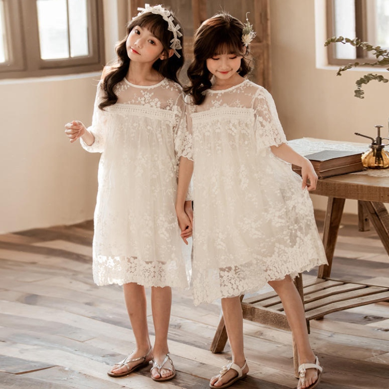 Uusi kesäpuuvillaverkko lanka Lace Girls -mekot Lasten hame lasten vaatteet 3–14-vuotias valkoinen prinsessa mekko