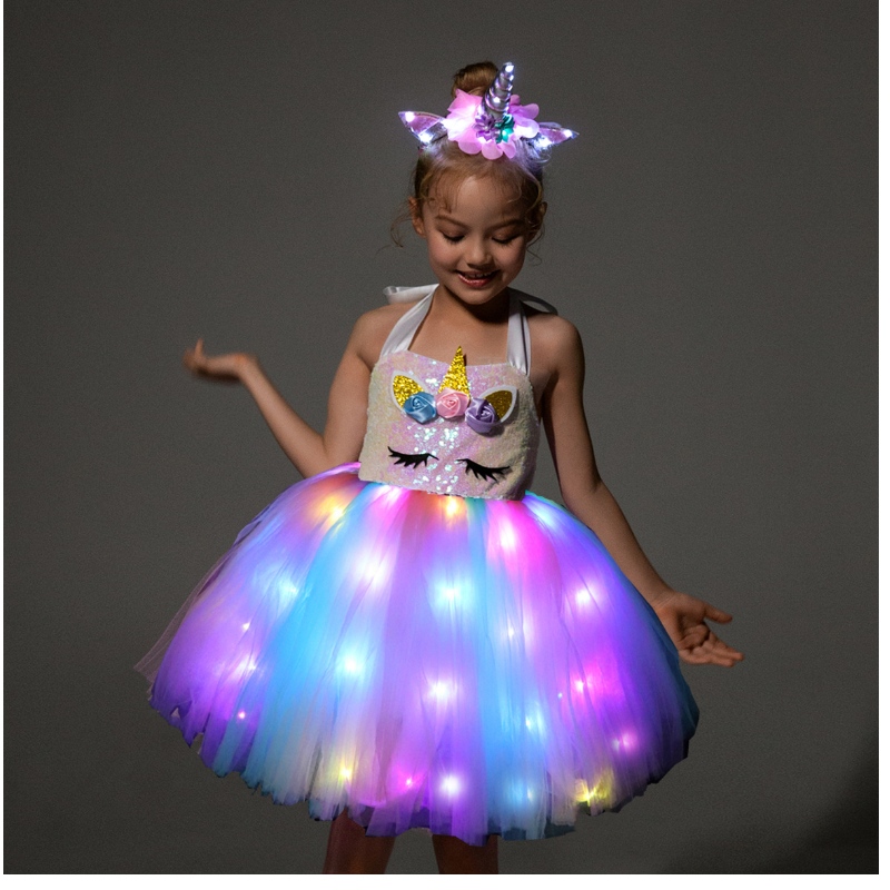 2022 Lapset tytöt söpöt yksisarviset puvut LED -valonmekkoon Halloween -syntymäpäiväjuhlia varten lahjahihassa Frock Lasten vaatteet
