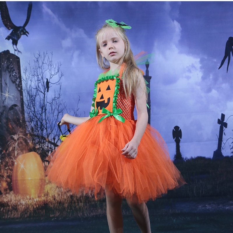 Amazon Hot Myynti Kids Girl Halloween -mekko kurpitsan mesh Tulle tutu -mekko